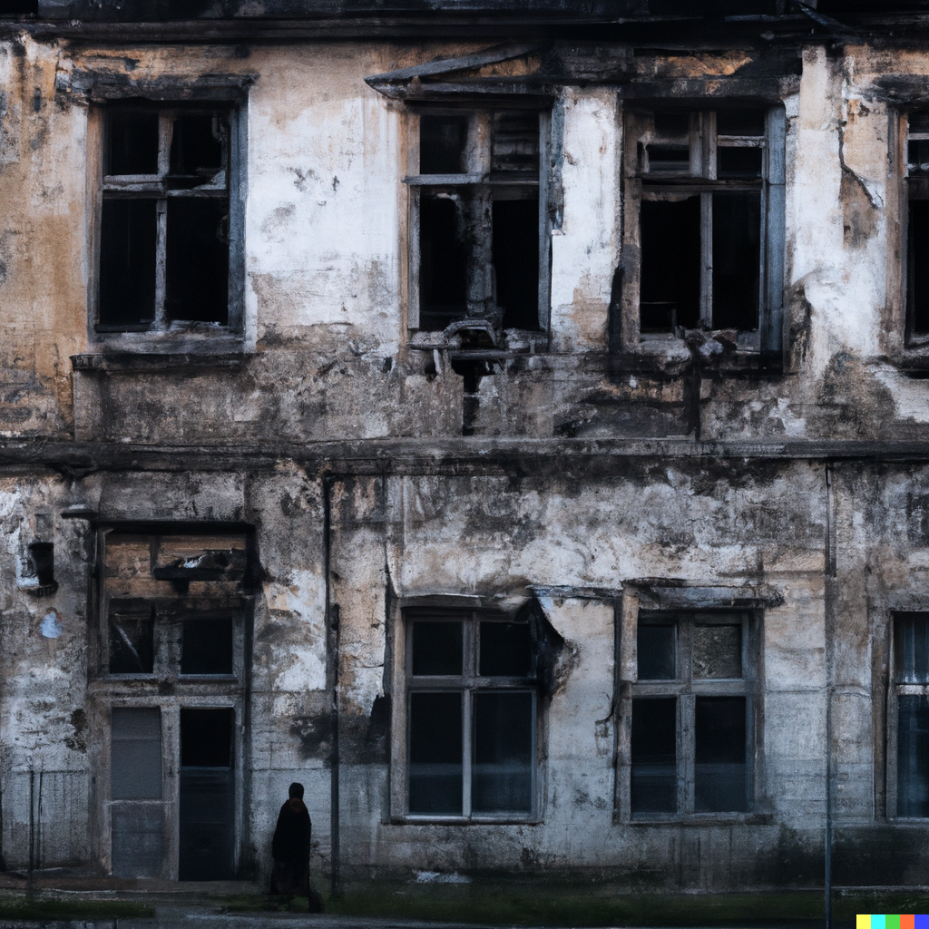 "walking on the street surrounded by abandoned buildings on a rainy day" - image negerated with DALL-E