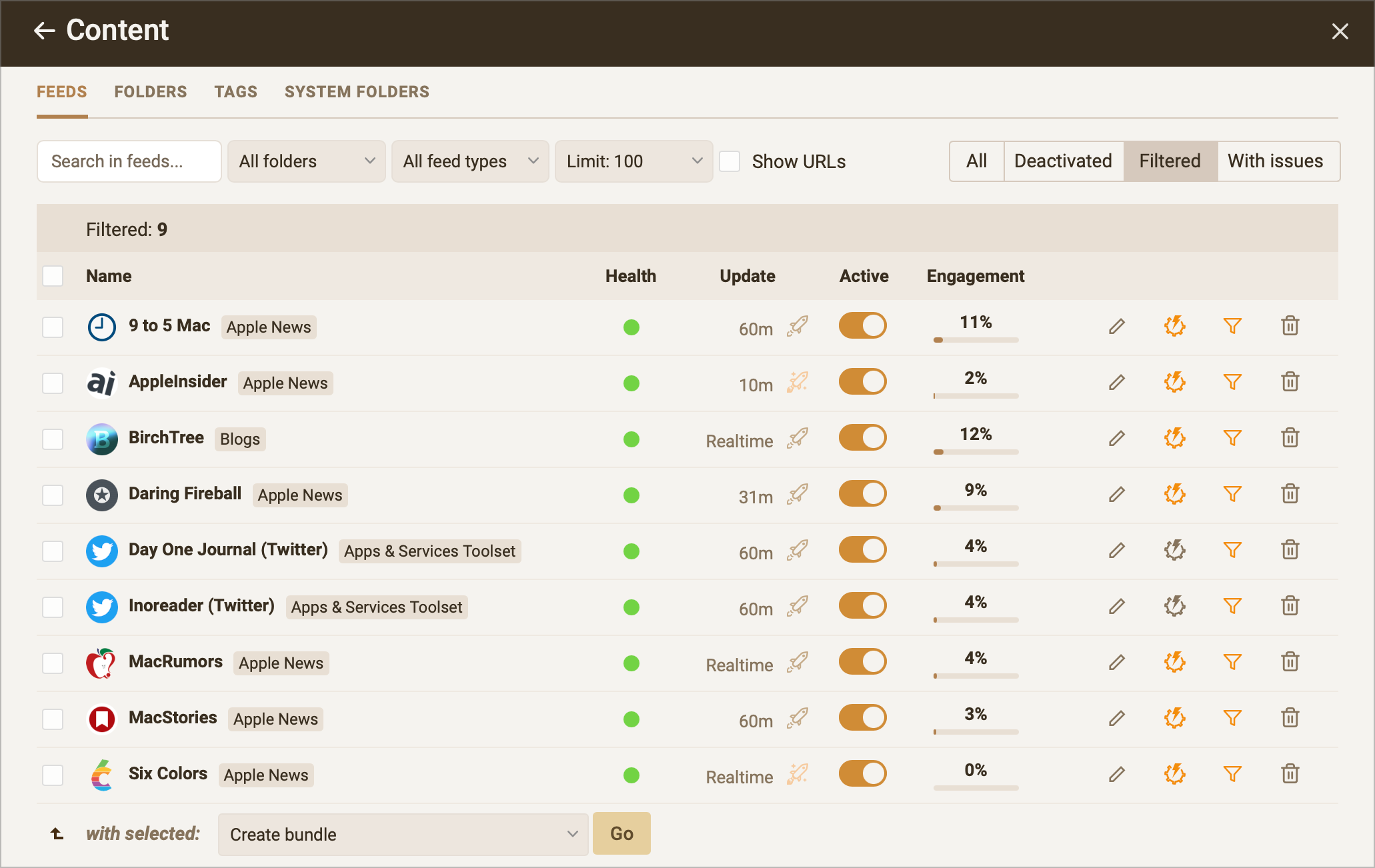 The feeds management panel (located in Inoreader’s preferences)