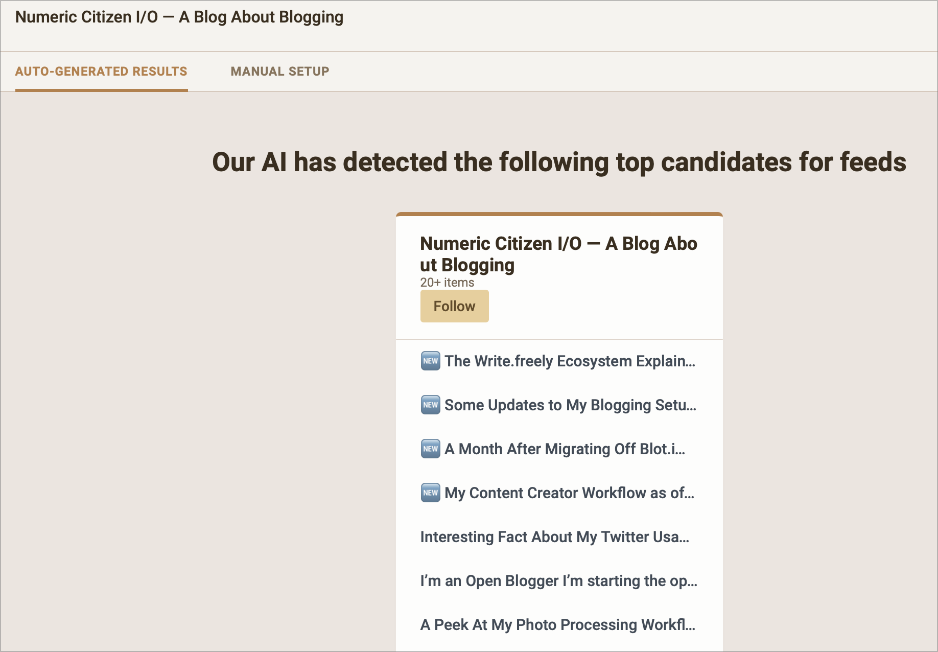 Inoreader AI results at guessing a website structure and content