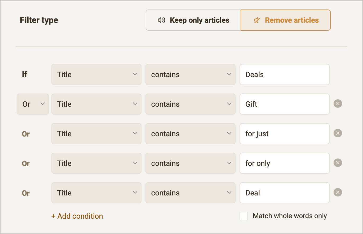 Complex filter to exclude articles from a feed