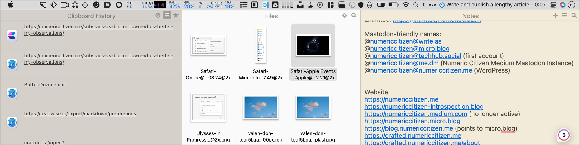 Unclutter window on my Mac — Three Areas: the clipboard history, content of a folder and content of a specific text file