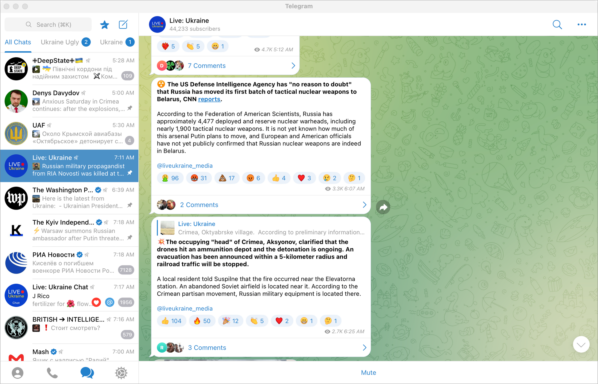 Telegram with subscription to channels about the war in Ukraine