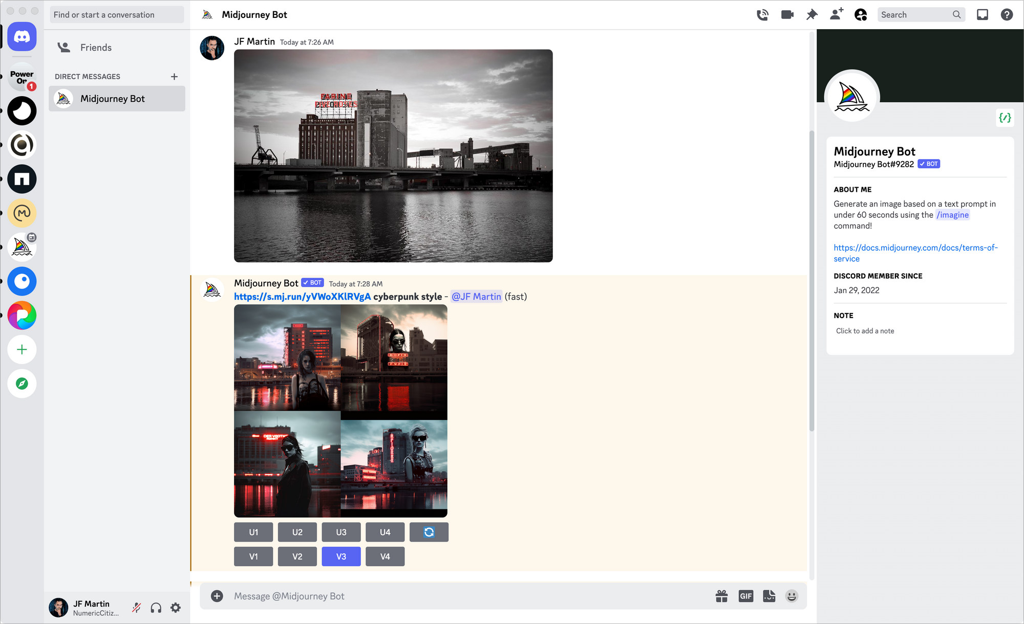 A Discord private session with Midjourney bot. I was testing with one of my pictures.