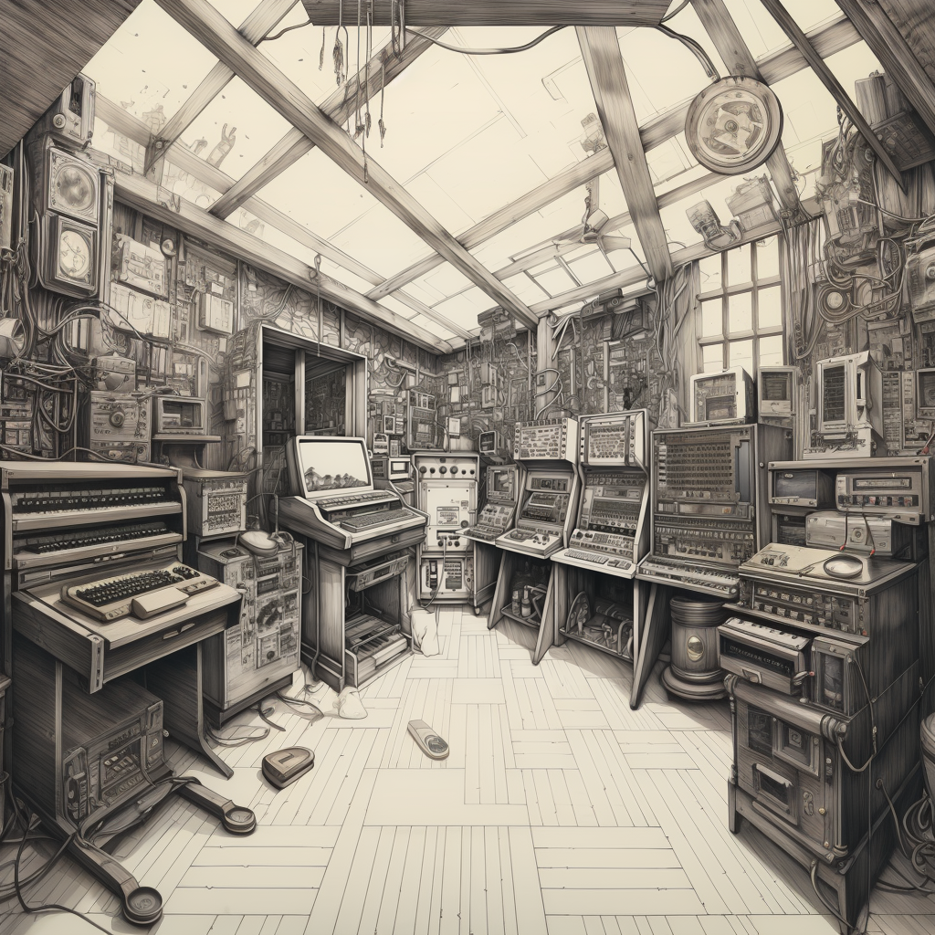 A detailed drawing of an old computer room