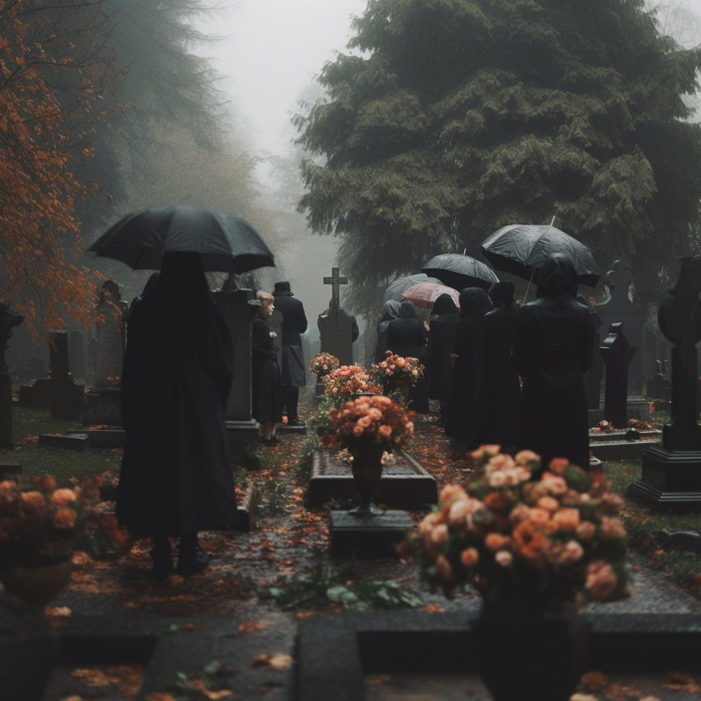 a group of people holding flowers in a cemetery on a rainy day for a ceremony