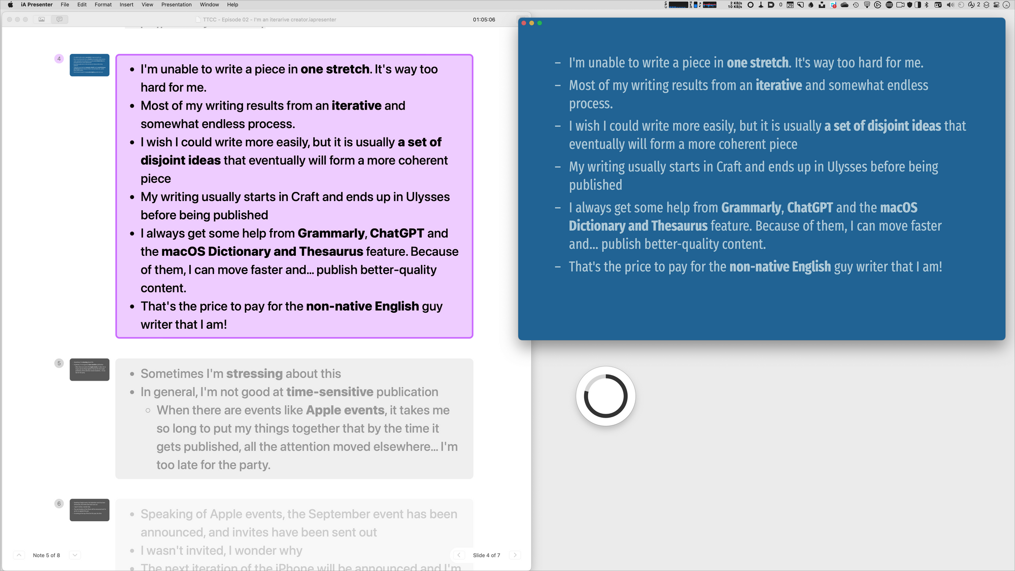 This screenshot shows iA Presenter with a cue card document from one of my recent podcast episodes. The little circle is the Tomato timer app