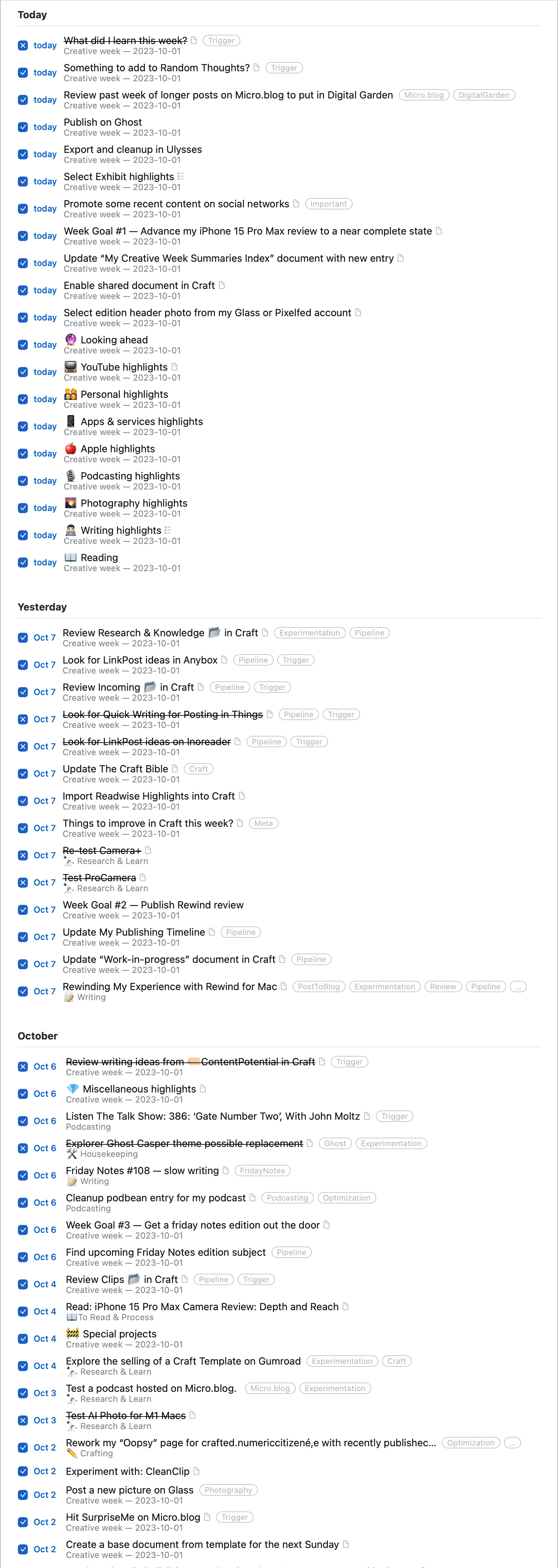 And here is my logbook, as seen in Things 3. Double-click to expand! This version of the logbook is expanded to show all sub-tasks. Reverting to a more compact version next week.