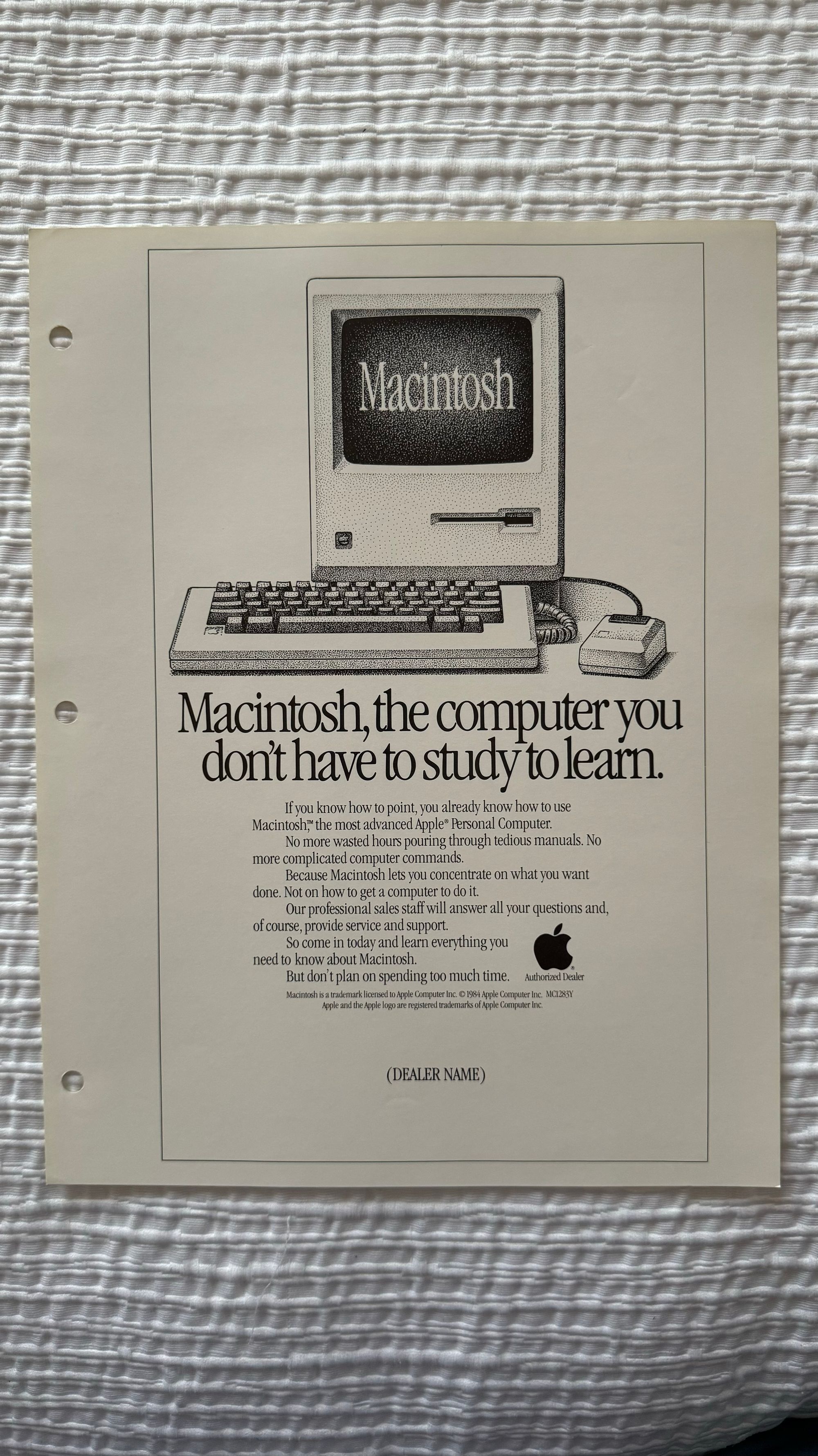 This page was part of some Apple dealer marketing material found in one of my old souvenir boxes. The Mac was such a unique design. The full set of images is published in “Remembering Apple in 1985 — Apple Dealer Promotional Material”