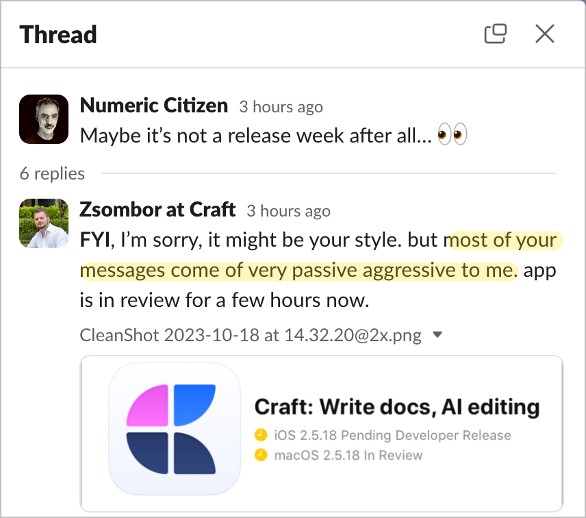 Zsombor doesn’t like my style on the Craft community on Slack, apparently. It is unjustified.