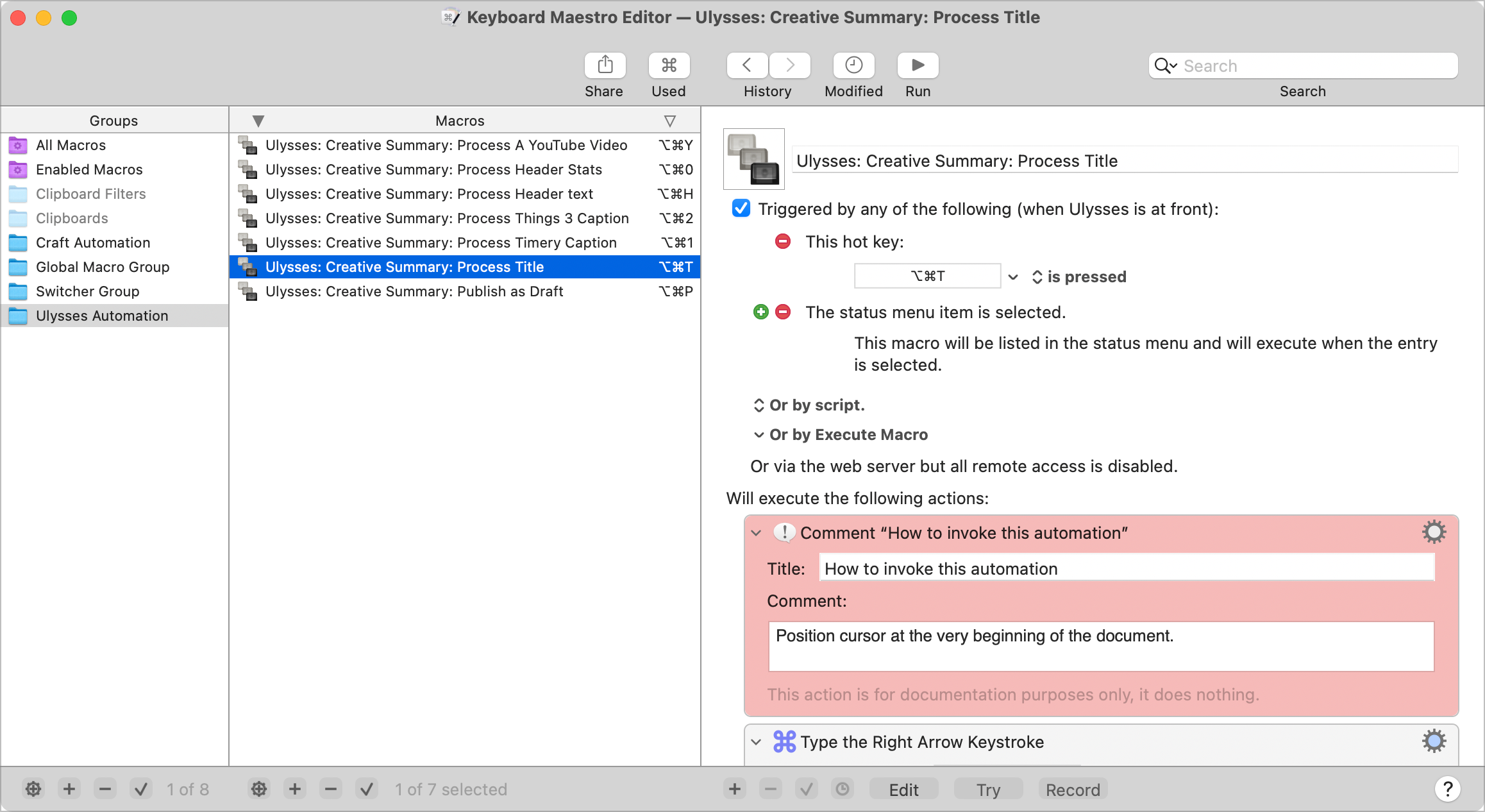 An automation example in Keyboard Maestro — Processing the title of my weekly newsletter.