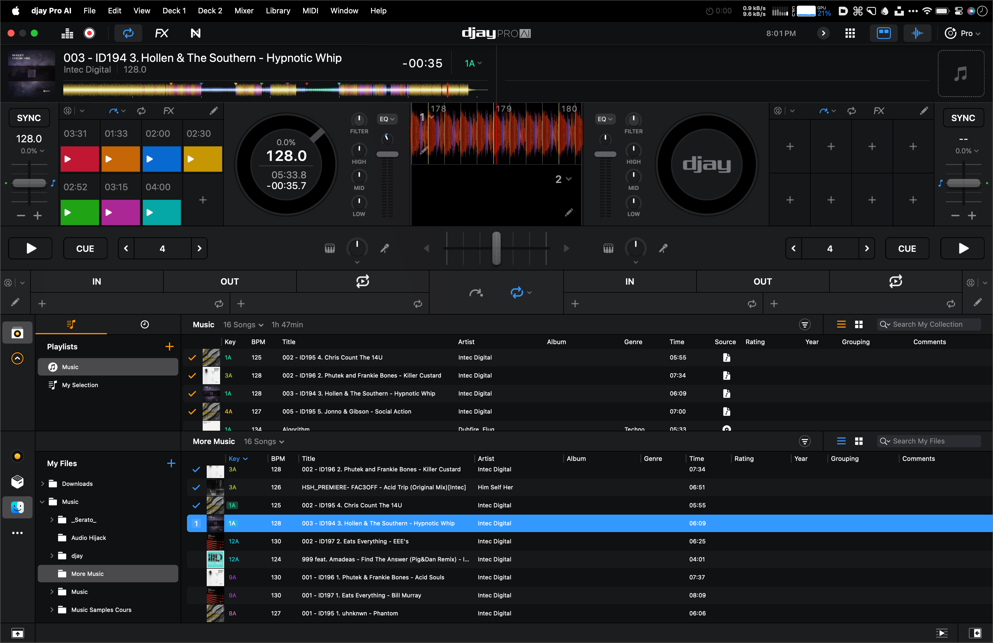 A typical view of Djay while listening to new music and building the music library (this is version 4).