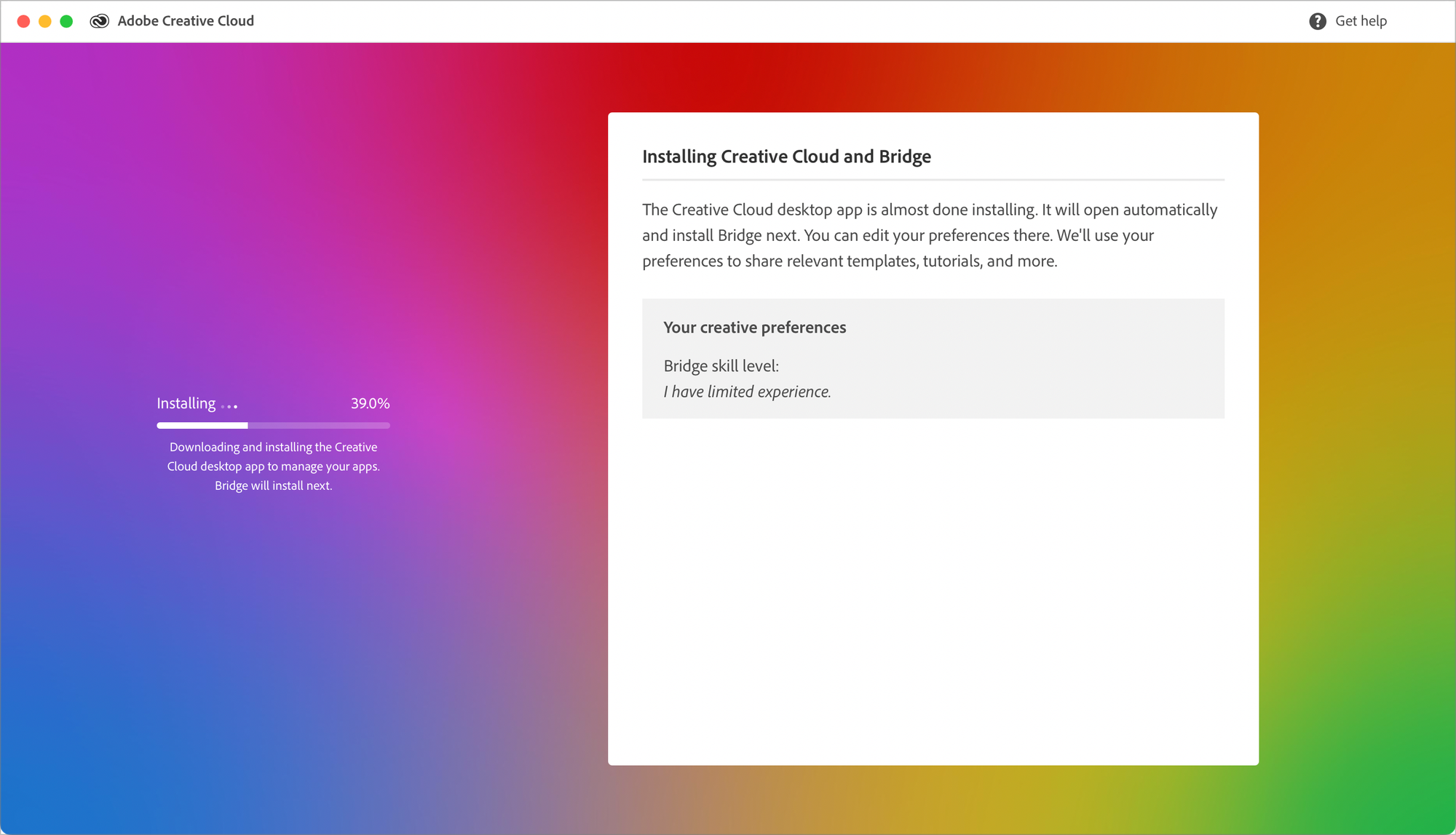 Installing Adobe Creative app to get Adobe Bridge on my Mac.