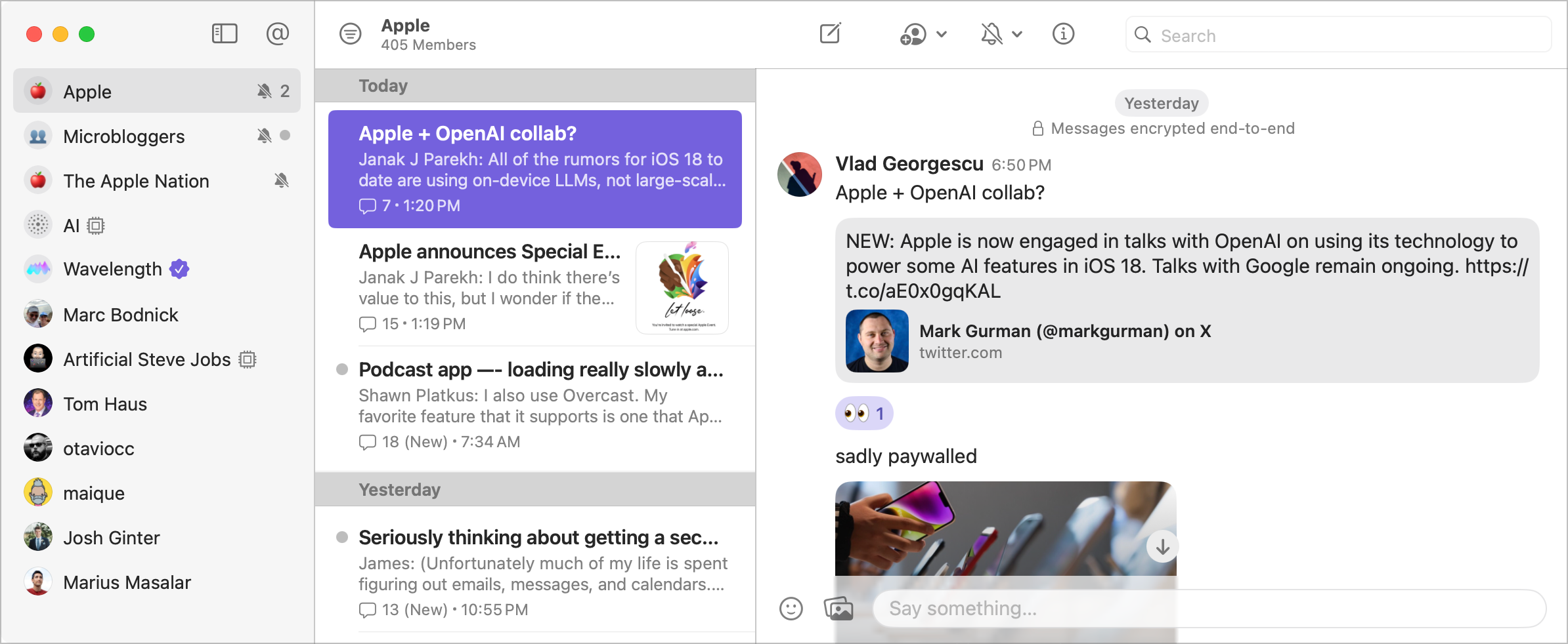 This is a screenshot of the Wavelength messaging app’s main window. On the left sidebar, we can see “AI,” which can answer any request, just like talking to someone. I like this type of integration.