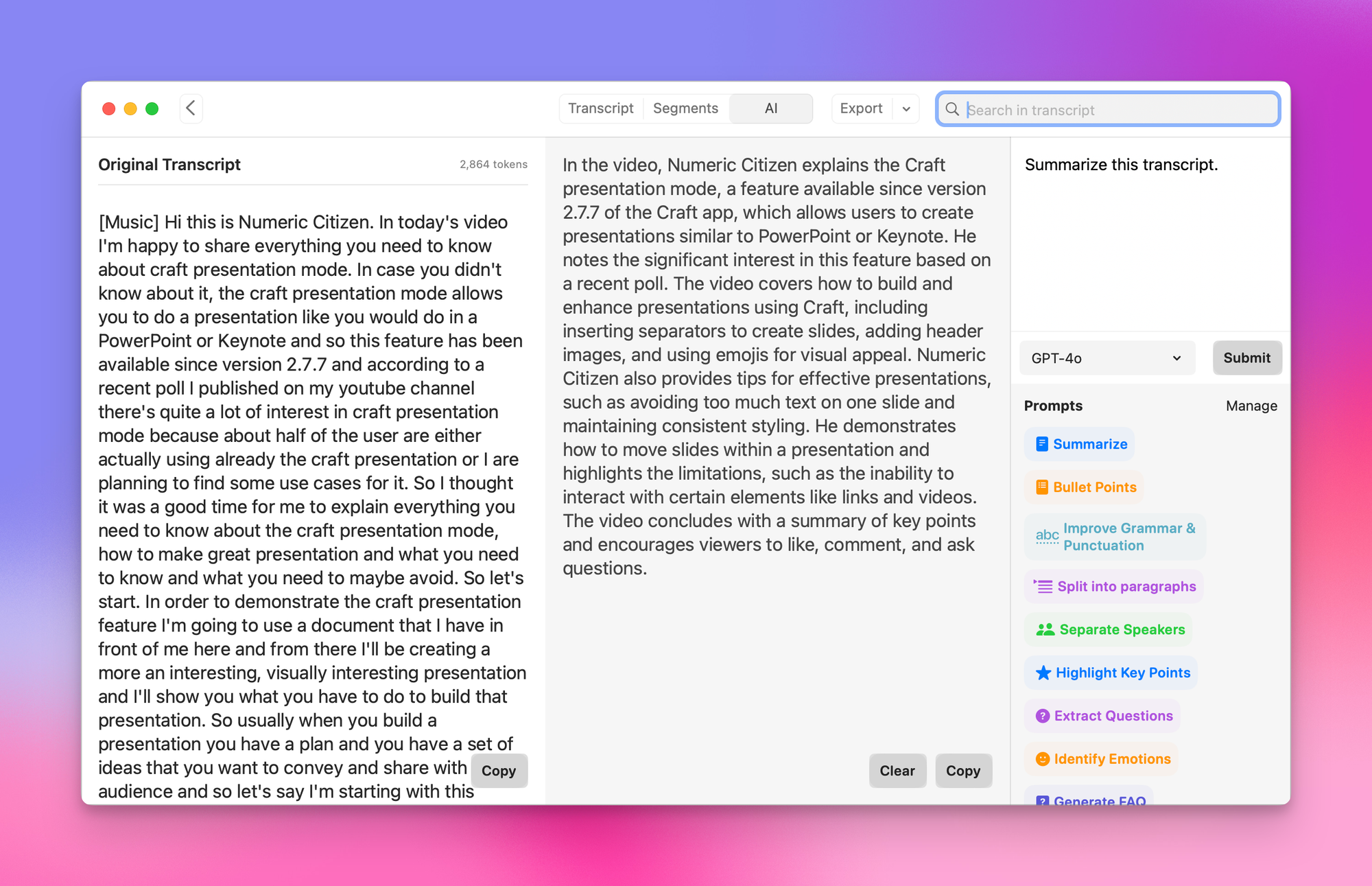 Summarizing a video transcript.