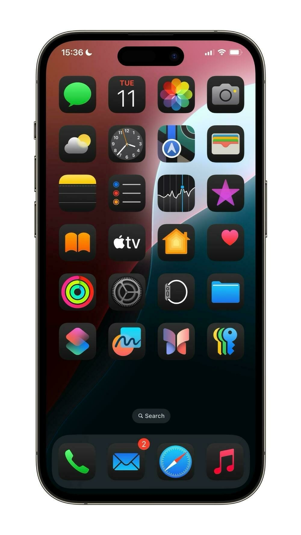 iOS 18 home screen in dark mode.
