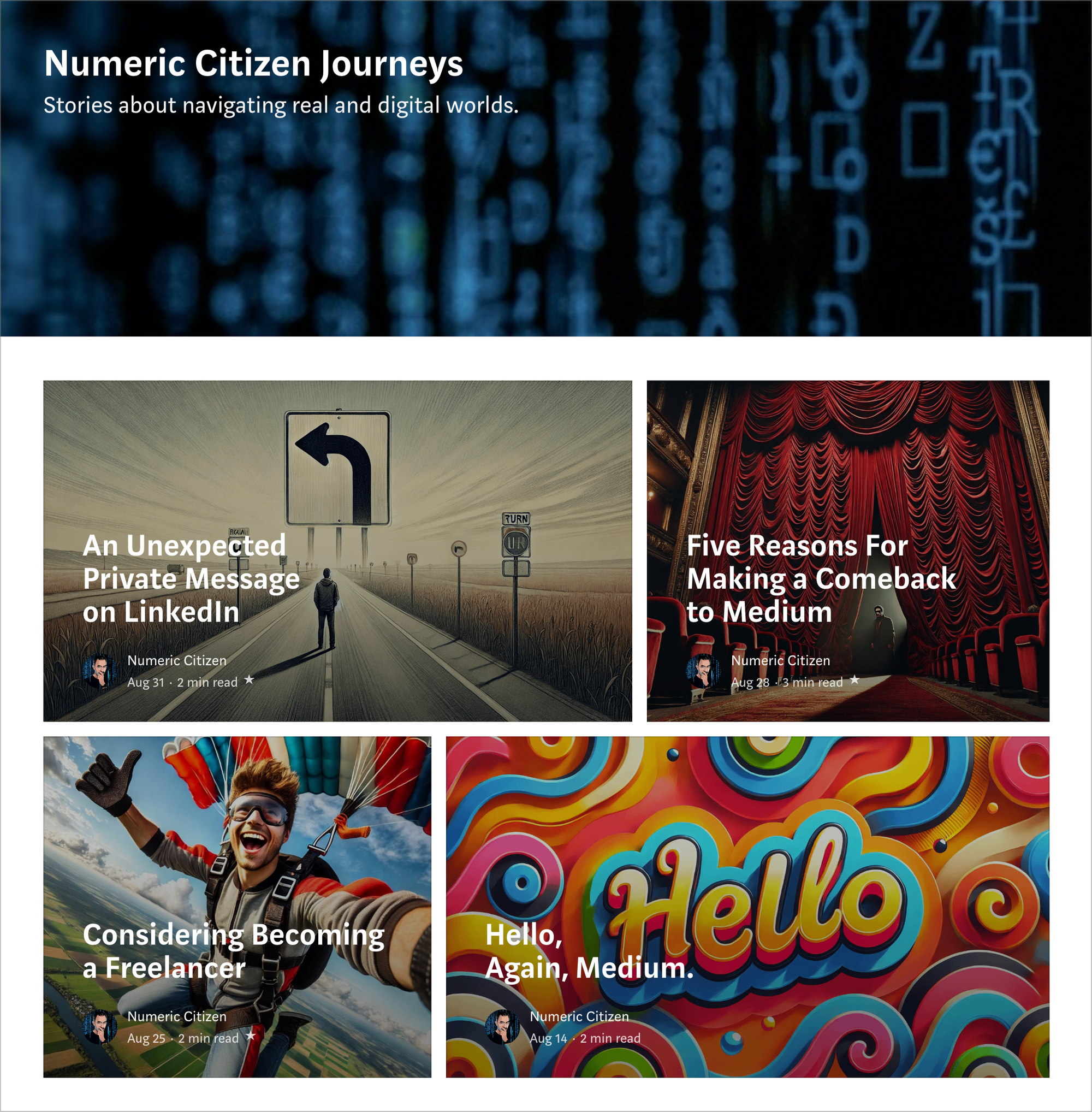 My Medium Publication “Numeric Citizen Journeys” — sharing my stories about contemplating becoming a freelancer.