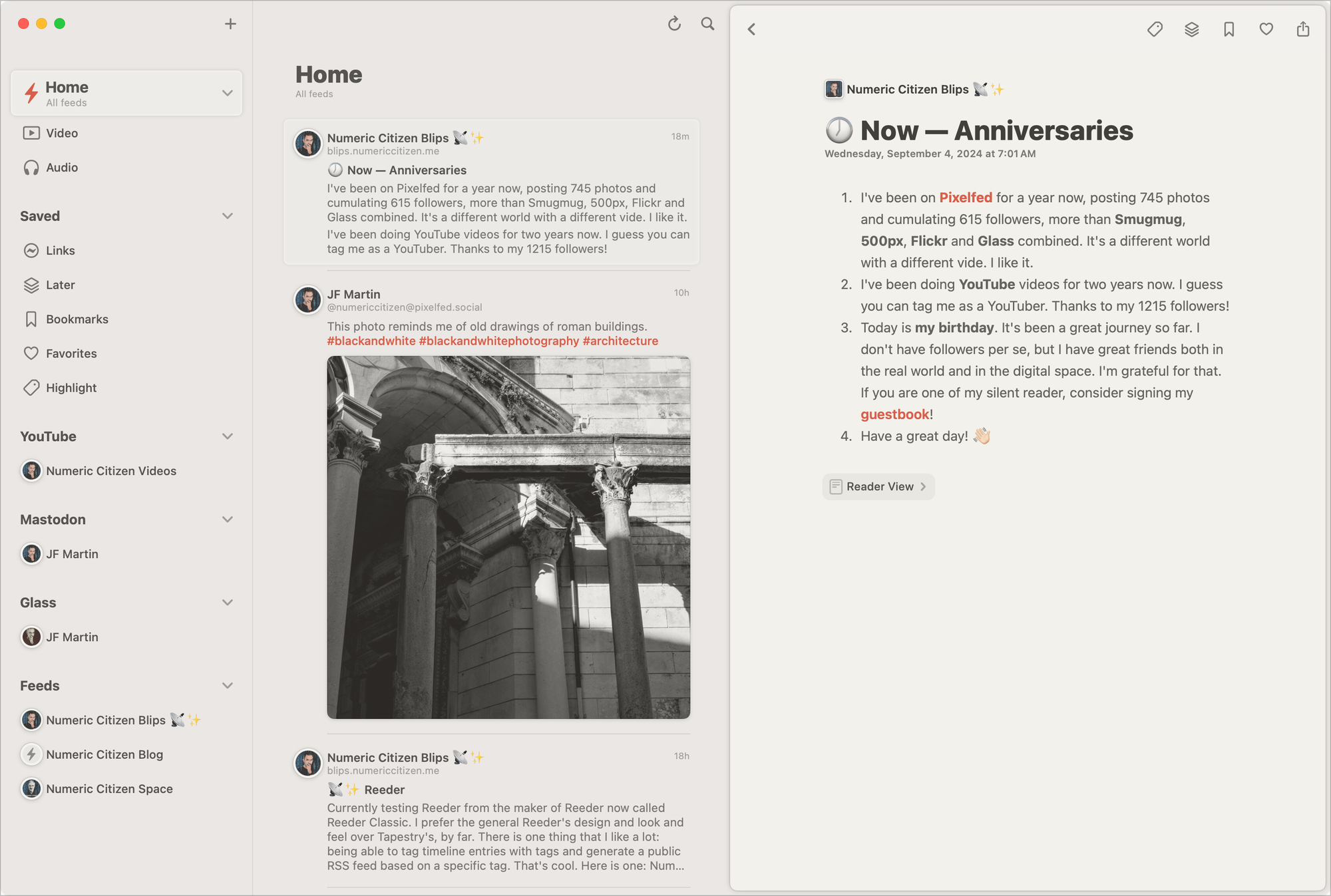 The new Reeder app home feed showing my publications.