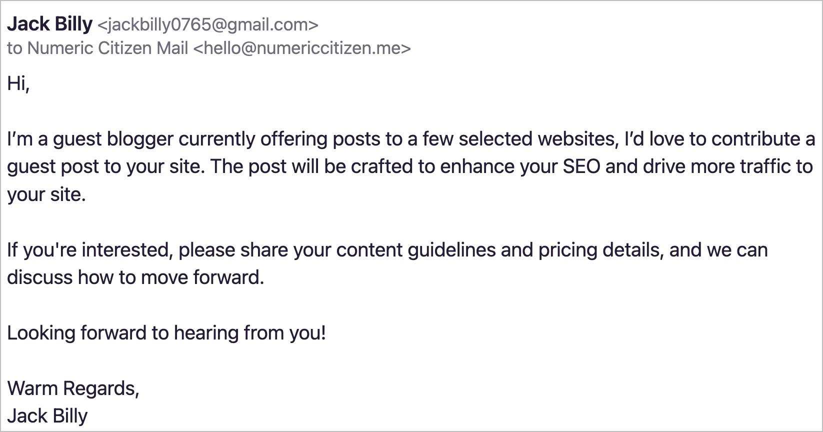 An email example shows someone who wants to do a guest post on my blog.