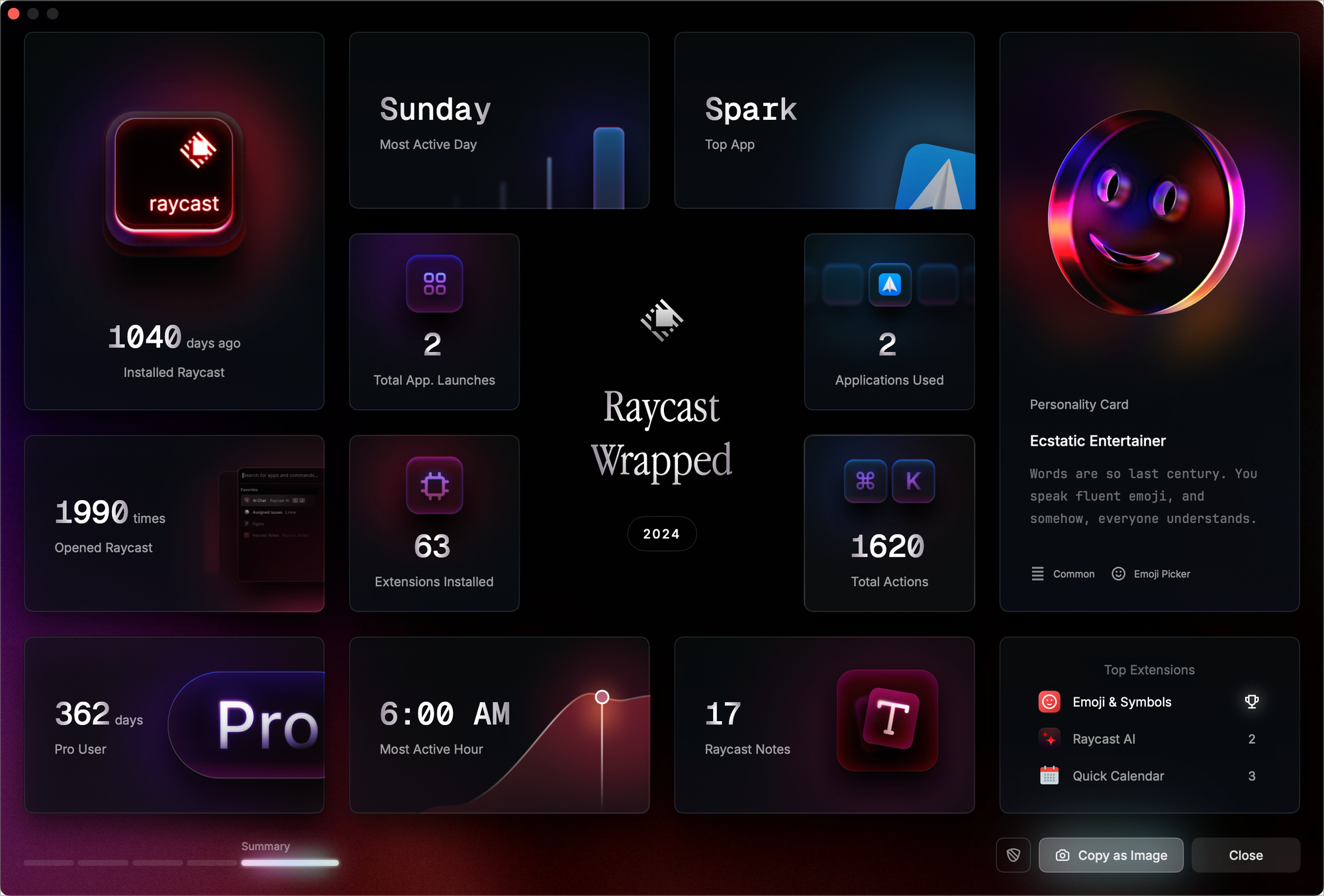 This is my Raycast yearly visual summary. In short: my most active usage happens on Sundays, at ? AM. I’m using Raycast as a sophisticated emoji picker about three times a day 🤪