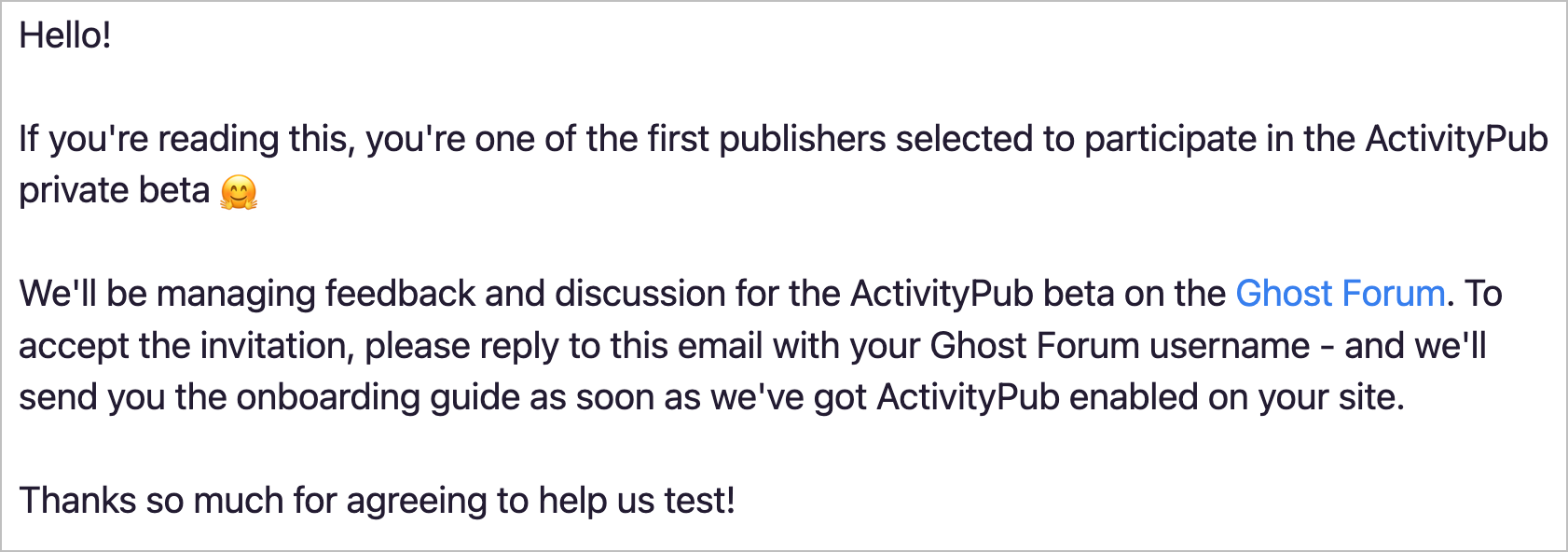 My invite to test Ghost ActivityPub.