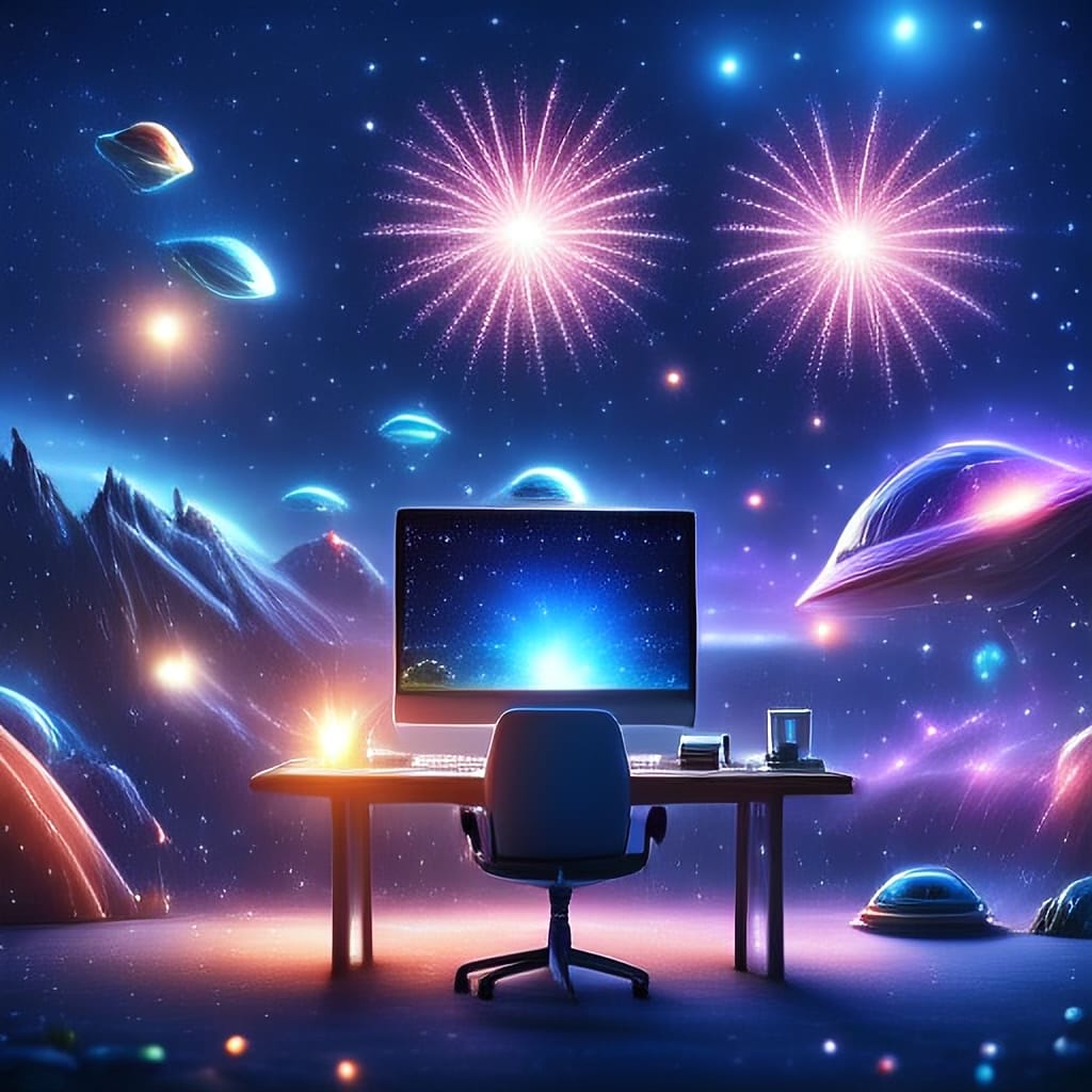 Prompt submitted to Apple Image Playground: “computer, fireworks, work, starry night, sci-fi”