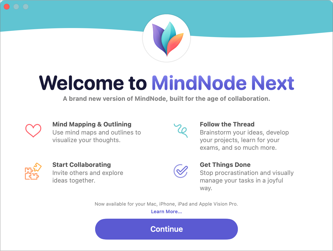 MindNote Next welcome screen.