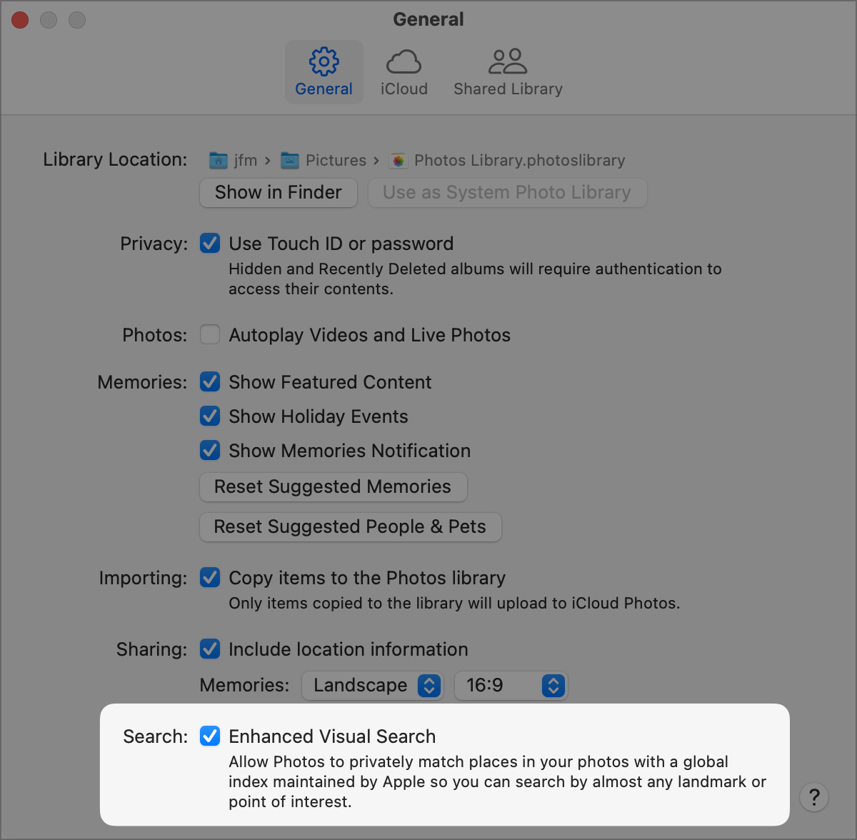 Apple Photos Settings Panel.