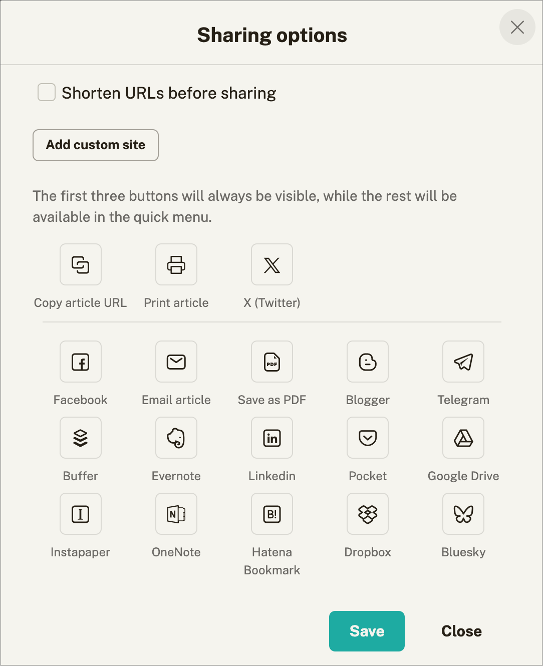 Inoreader’s numerous sharing options. Many popular ones are missing.