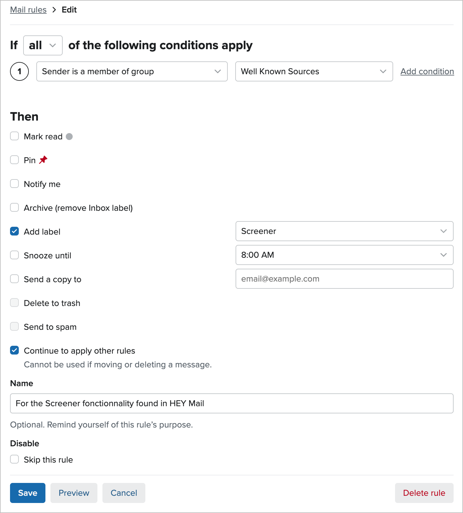 A Fastmail mail rule to replace HEY Mail screener functionality.