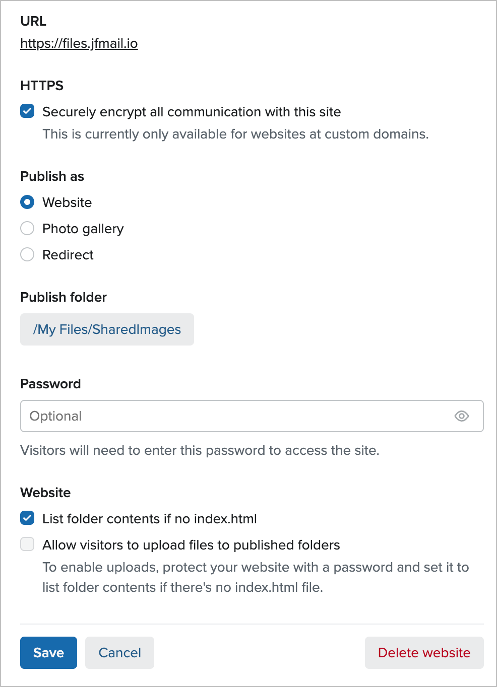 Creating a website with Fastmail — configuration panel.