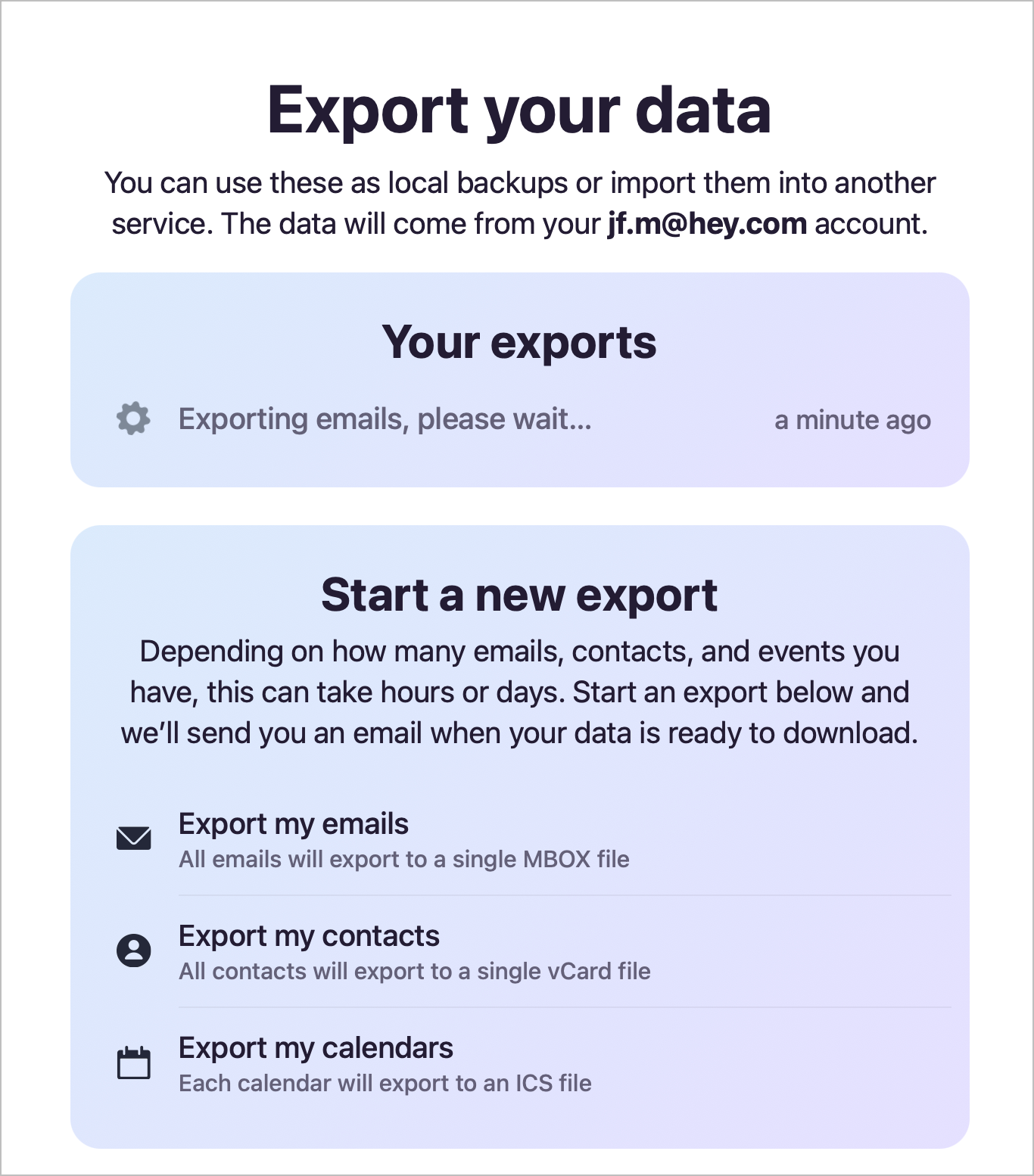 Exporting data out of HEY Mail.