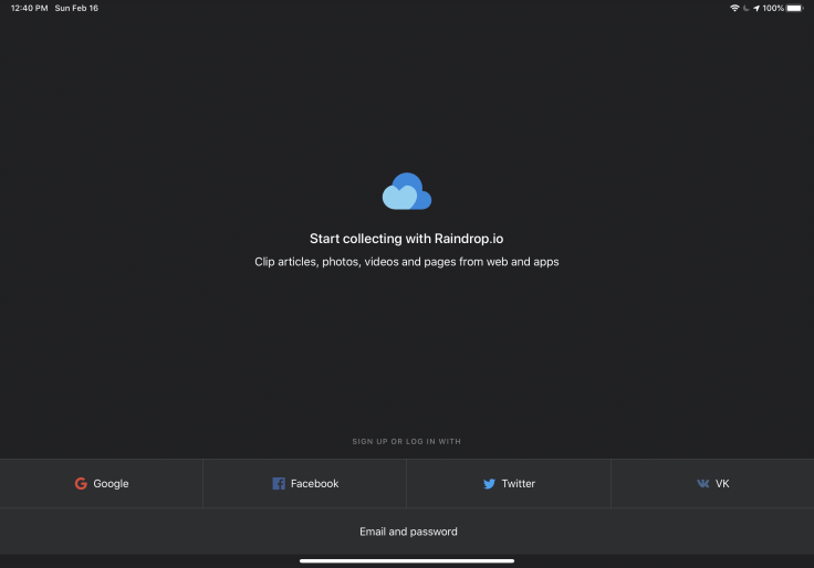 This is the Raindrop welcome screen on the iPad