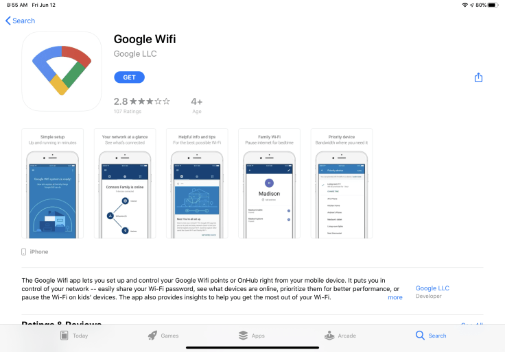 Google Wifi App Store page