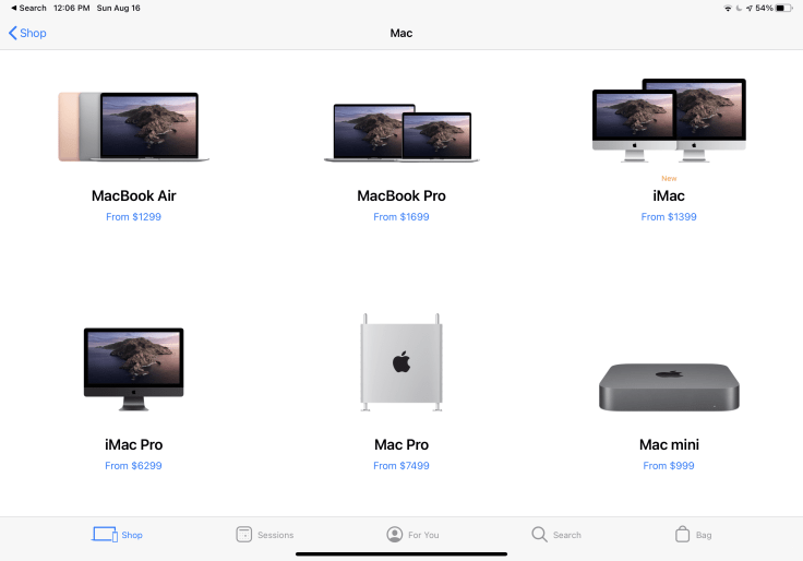 Apple Store app computers section