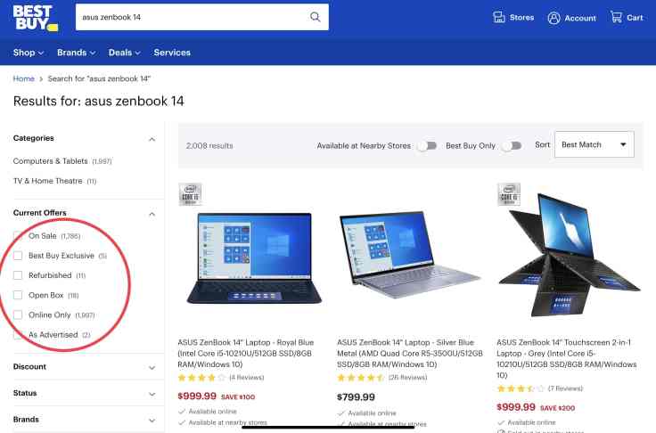 BestBuy ASUS ZenBook search results