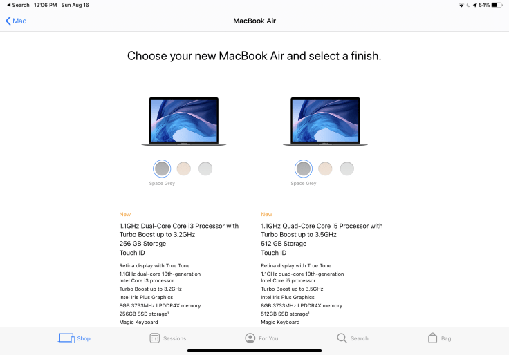 Selecting the starting configuration of a MacBook Air