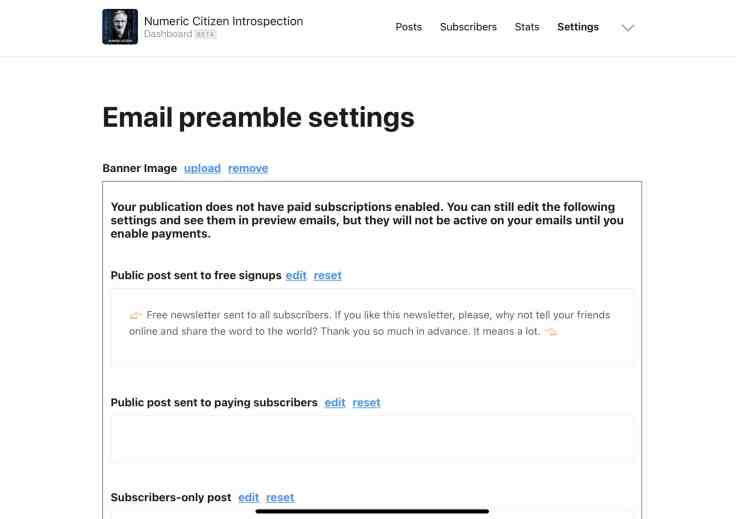 Email preamble settings page