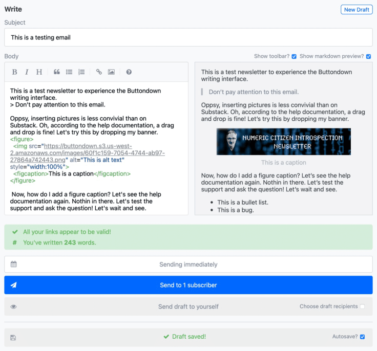 Buttondown newsletter editor with preview mode