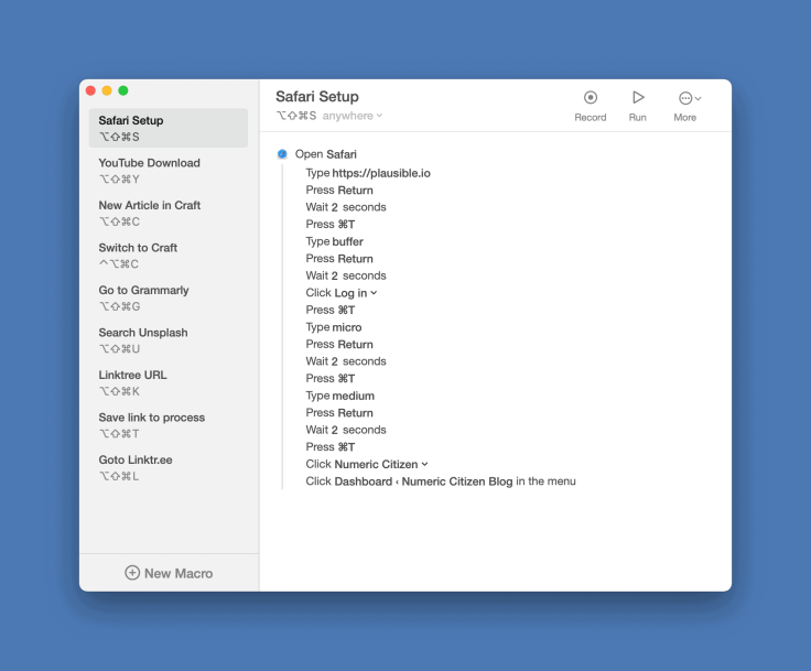 A Keysmith macro to setup different tabs in Safari