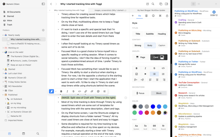 Using Craft side-by-side with Timery on my Mac