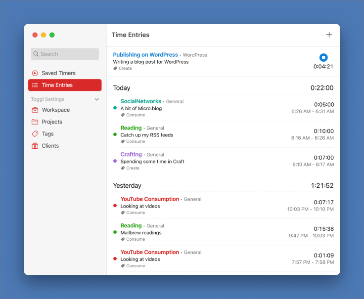 Time entries in Timery