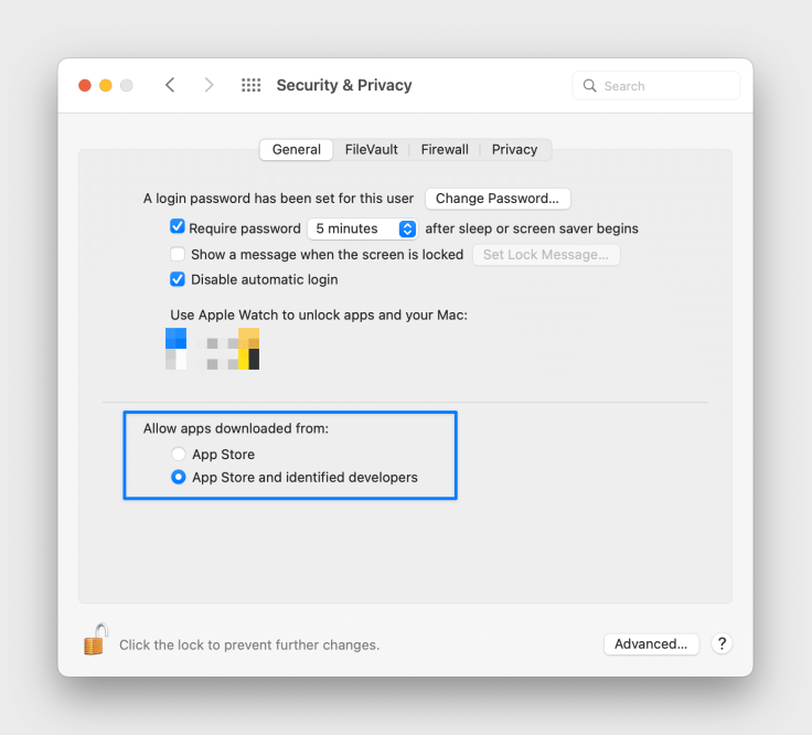 Security & Privacy preference panel on the Mac